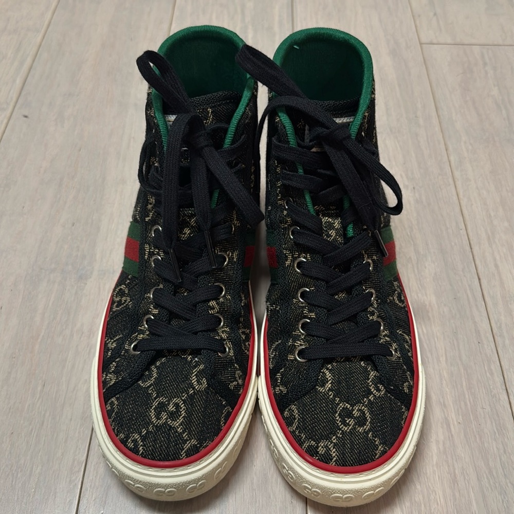Gucci Tennis 1977, black denim high top sneakers, Men’s size 38.